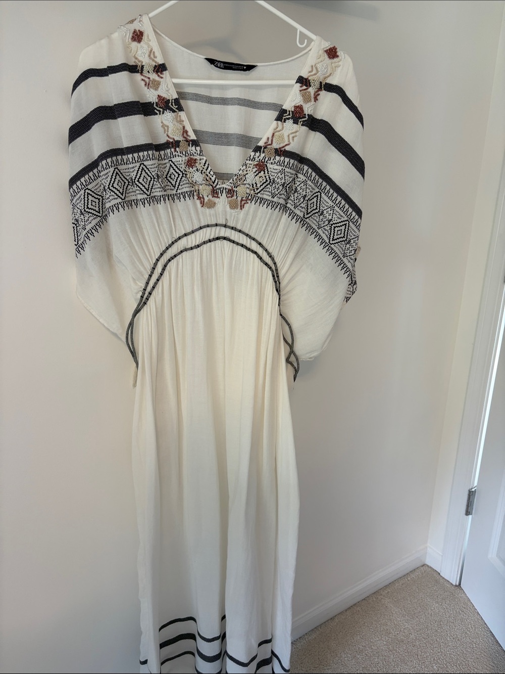 Zara Cream Maxi Dress with Black Embroidery